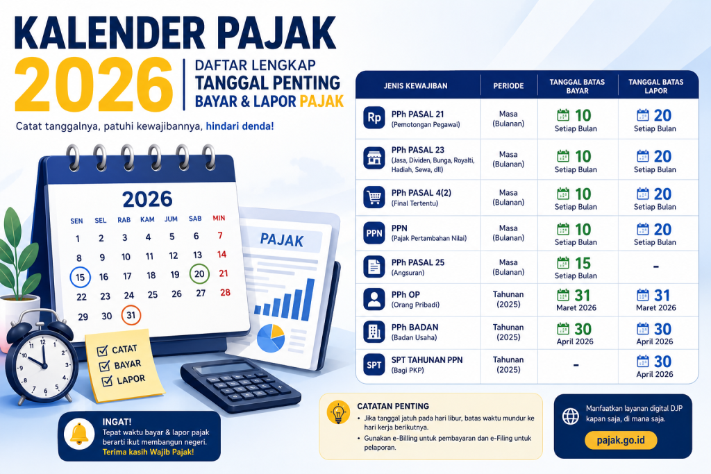 Kalender Pajak 2026: Daftar Lengkap Tanggal Penting Bayar & Lapor Pajak